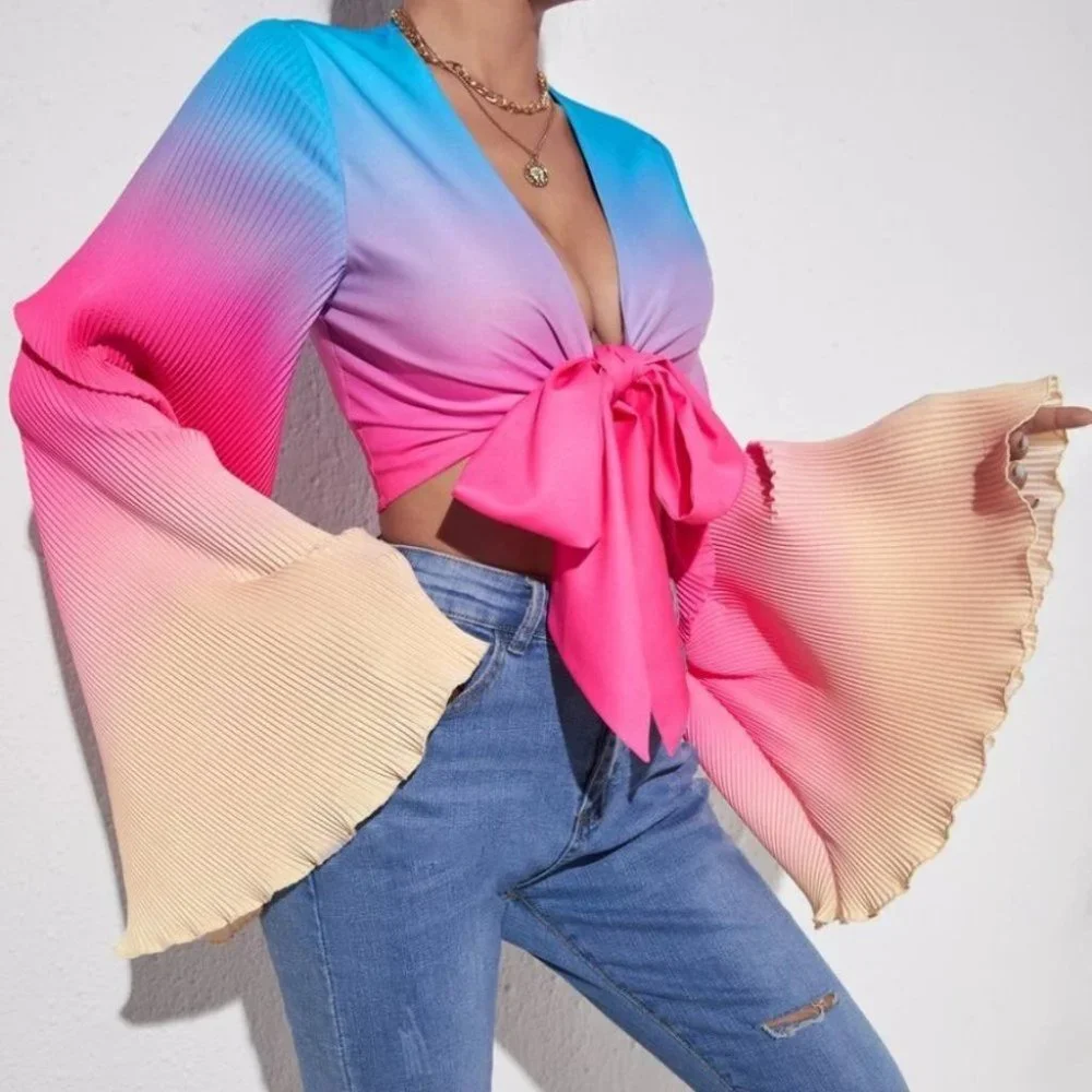 RAINBOW Print Knot Front Flounce Sleeve Top - Picture 5 of 7